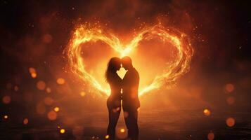 Hands forming a heart shaped fire silhouette after lovers contact photo