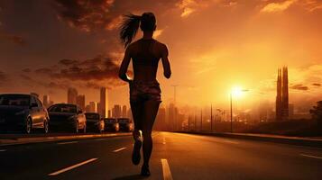 Silhouette of young woman sprinting outdoors during a fitness workout photo