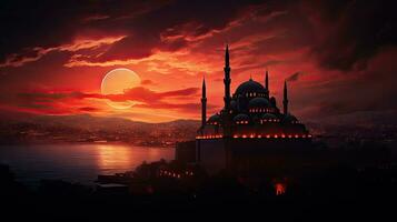 Night view from above of Istanbul with the S leymaniye Mosque silhouetted against a red evening sky and the Sea of Marmara in the background photo