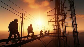 Electricians install wires and equipment on tall towers photo