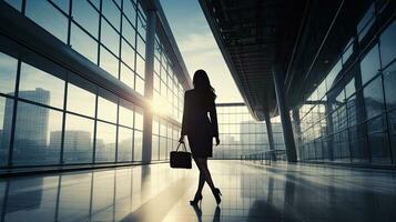 Silhouetted young woman walking in a contemporary office building photo