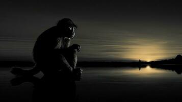 Black and white silhouette of a monkey at sunset photo