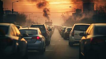 Cars in a traffic jam seen through steamy exhaust pipes photo