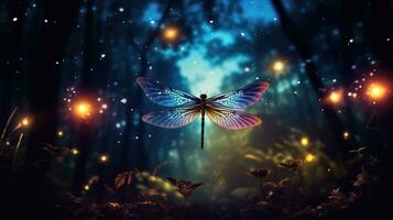 Abstract and magical depiction of dragonfly and Firefly in a nighttime forest Fairy tale idea photo