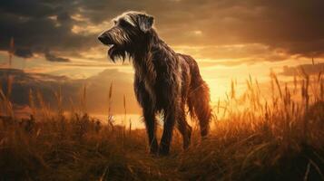 gigante perro silueta en Mañana prado con creciente puesta de sol foto