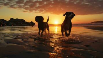 Dogs frolicking by the shore canines shadows setting sun photo