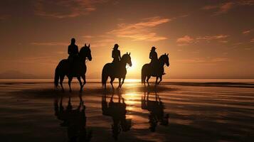 Elderly individuals riding horses by the shore photo