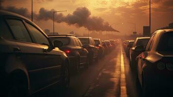 Cars in a traffic jam seen through steamy exhaust pipes photo