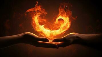 Hands forming a heart shaped fire silhouette after lovers contact photo