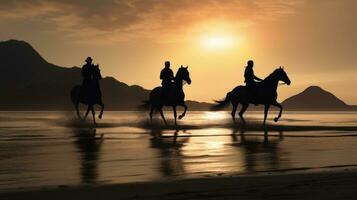 Elderly individuals riding horses by the shore photo