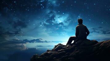 Silhouette of young man sitting on a cliff with starry night sky behind Symbol of purpose and success photo