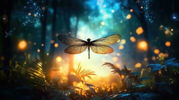 Abstract and magical depiction of dragonfly and Firefly in a nighttime forest Fairy tale idea photo