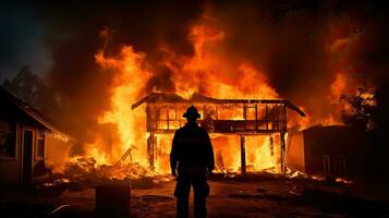 silueta bombero intentos a poner fuera ardiente casa foto