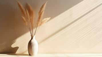 Dry pampas grass in chic vase Shadows on wall Silhouette in sunlight Minimalistic decor idea photo