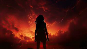 niña s silueta en contra rojo cielo con rayo de sol foto