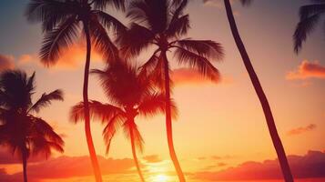 Vintage tone and bokeh lights enhance the sunset vacation scene with palm trees photo