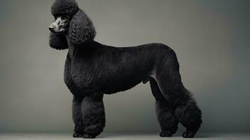 Black poodle standing in studio on gray background photo