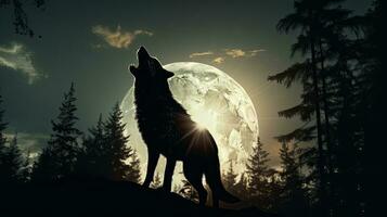 artístico decoración presentando selectivo atención en un silueta de un lobo clamoroso en contra un de luna cielo y estéril bosque foto