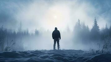 A silhouette of a young man standing in misty nature contemplating life Back view with fresh footprints in deep snow Cold snowy day photo