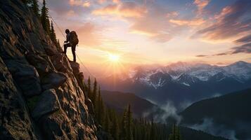 Adventure concept captured in a composite image of silhouette rappelling from a cliff at colorful sunrise or sunset showcasing stunning mountains in British Columbia Canada photo