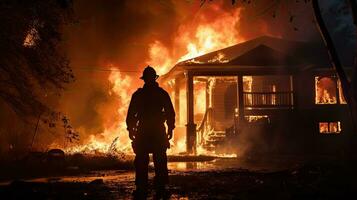 silueta bombero intentos a poner fuera ardiente casa foto