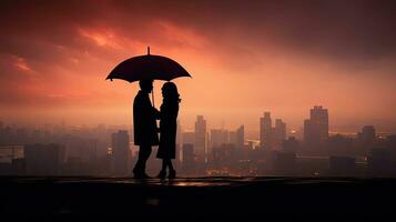 Silhouetted couple with umbrella under cloudy Tokyo sky photo