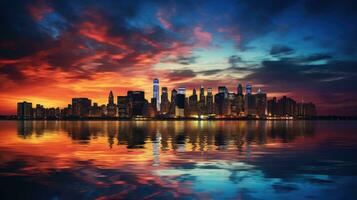 Silhouette panorama of Manhattan s midtown at sunset featuring skyscrapers and a vibrant sky over the East River photo