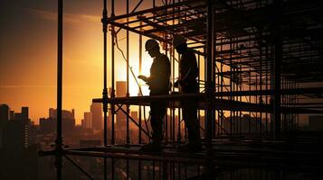 Blurred construction site with silhouette of engineer and construction worker on scaffold photo