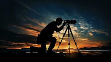 A photographer using a camera and tripod to capture silhouettes photo