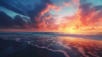 Romantic tropical vacation with stunning sunset above the sea or ocean enchanting colors and magical light Delicate clouds in the sky sun reflecting on the water and sandy photo