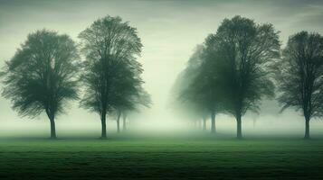Dutch landscape with misty weather and trees on a green field photo