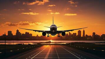 Airplane passengers arrive at airport runway during a stunning sunset with city silhouette in the background photo