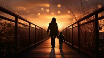 Mother and child leave the bridge and head towards the light photo