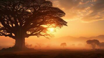 maravilloso amanecer detrás alto arboles en primavera con niebla silueta de grande árbol con Dom brillante sabana campo en África durante primavera borroso antecedentes foto