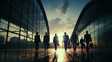 Businesspeople hurrying at modern office building photo