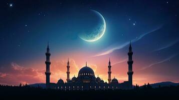 islámico noche con un mezquita silueta en contra un puesta de sol cielo de luna y santo ambiente representado en un islámico fondo de pantalla foto