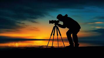 A photographer using a camera and tripod to capture silhouettes photo