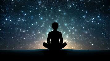 Human silhouette sitting amid starry background engrossed in yoga meditation for relaxation and psychological well being photo