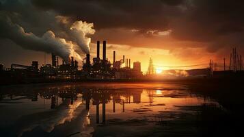 Sunset light casts a shadow on a factory photo