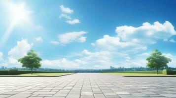 Deserted street with serene garden backdrop and clear blue sky photo