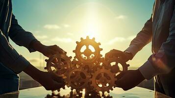 Businessmen s hands collect gear from puzzles details under dramatic sunlight photo