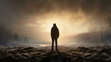 A silhouette of a young man standing in misty nature contemplating life Back view with fresh footprints in deep snow Cold snowy day photo