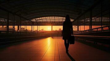 A solitary woman s shadow strolling at a train station observed from the rear photo