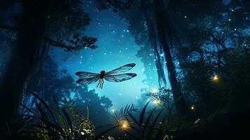 Abstract and magical depiction of dragonfly and Firefly in a nighttime forest Fairy tale idea photo