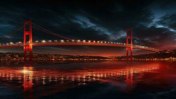 The Bosphorus Bridge in Istanbul Turkey at night is known as the July 15th Martyrs Bridge photo