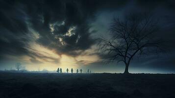 Spooky scene people s silhouettes by leafless trees under dark clouds photo