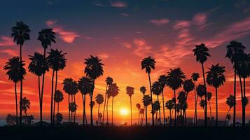 maravilloso puesta de sol en la California con palma arboles foto
