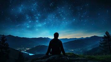 Silhouette of young man sitting on a cliff with starry night sky behind Symbol of purpose and success photo