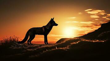 Sunrise on a hill with a fox shaped silhouette photo