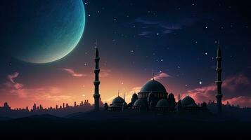 Mosques at twilight with crescent moon representing Islam s holy occasions photo